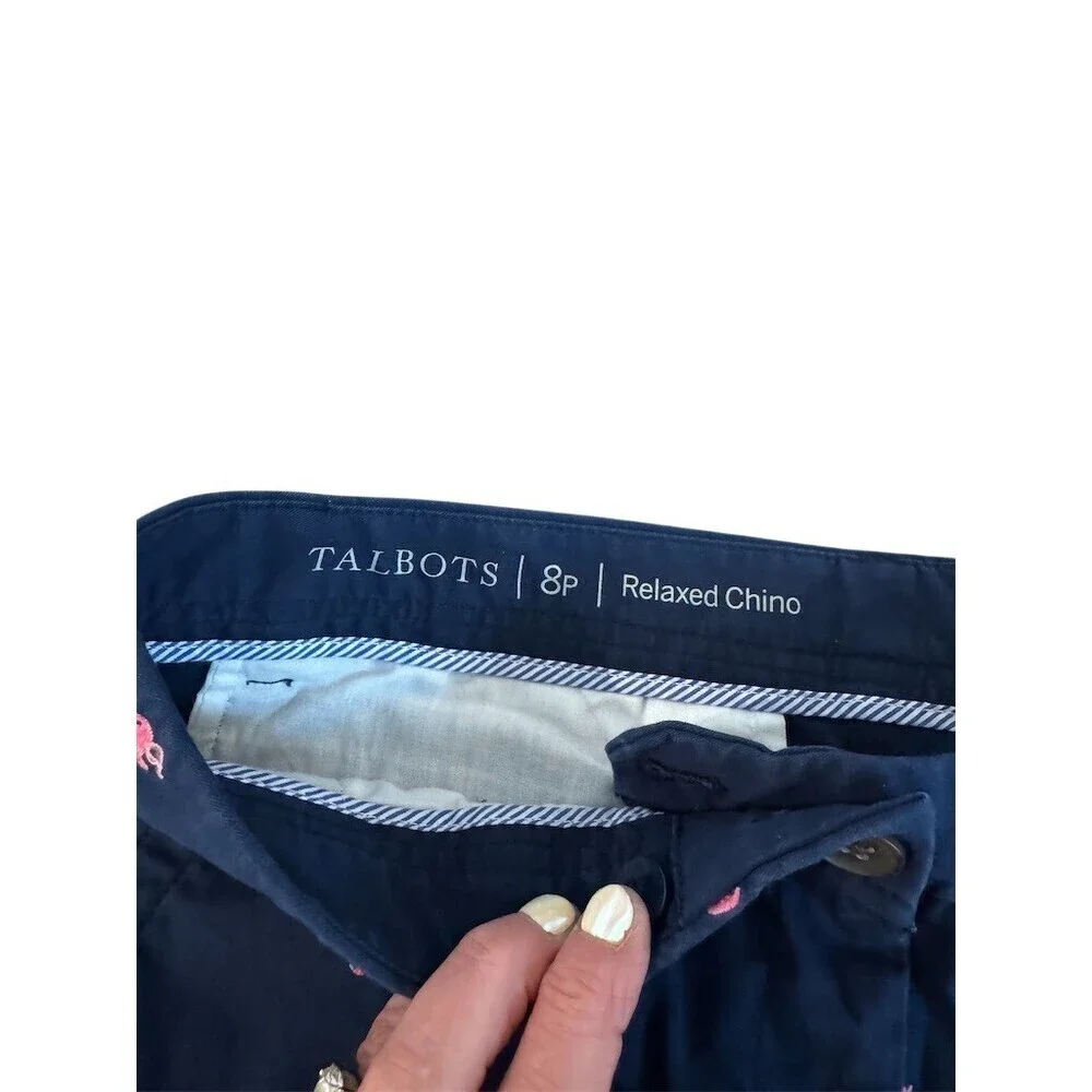 Talbots Relaxed Chino Pants Womens 8P Navy Flamingo Embroidered Crop - Picture 7 of 8